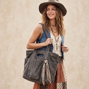 NWT Free People Suede Caravan Tote Bag Charcoal Gray Slouchy Purse Boho